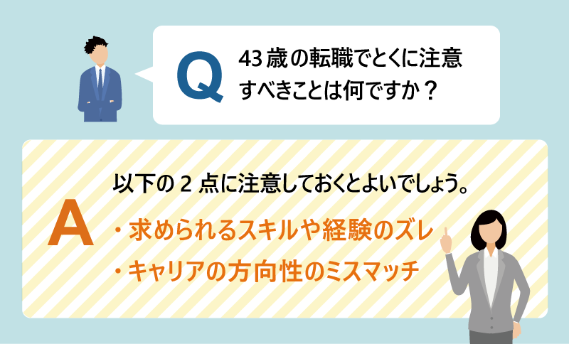 Q：43歳 の転職でとくに注意すべきことは何ですか？ A：以下の2点に注意しておくとよいでしょう。 ・求められるスキルや経験のズレ ・キャリアの方向性のミスマッチ