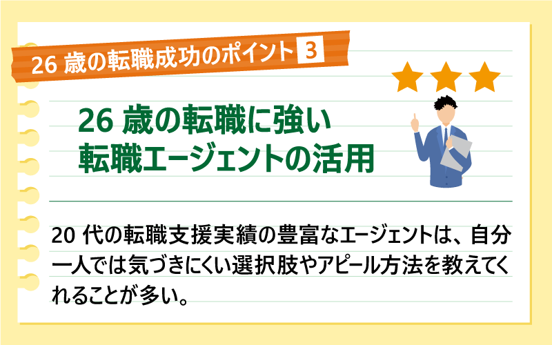 26歳の転職成功のポイント❹26歳の転職に強い転職エージェントの活用|20代の転職支援実績の豊富なエージェントは、自分一人では気づきにくい選択肢やアピール方法を教えてくれることが多い。