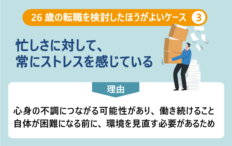 26歳の転職を検討したほうがよいケース❸忙しさに対して、常にストレスを感じている|理由:心身の不調につながる可能性があり、働き続けること自体が困難になる前に、環境を見直す必要があるため
