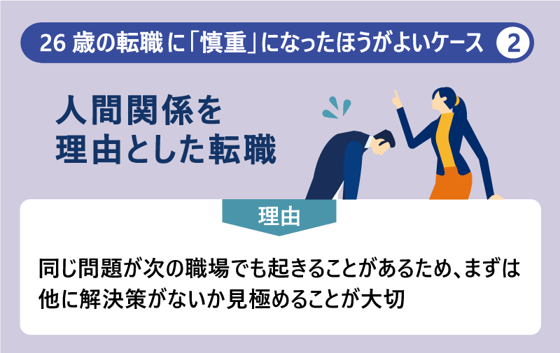 26歳の転職に「慎重」になったほうがよいケース❷人間関係を理由とした転職|理由:同じ問題が次の職場でも起きることがあるため、まずは他に解決策がないか見極めることが大切