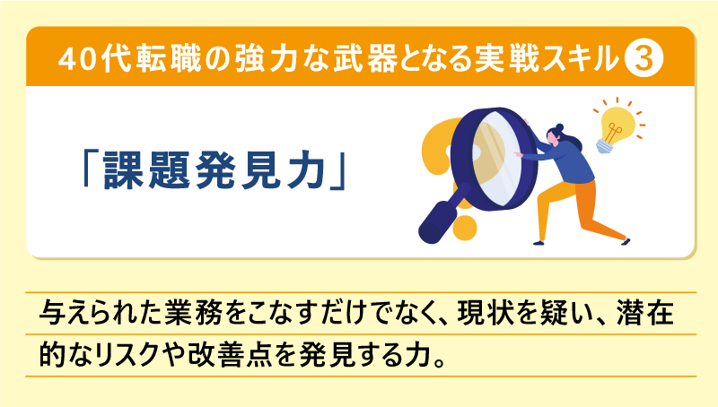 40代転職の強力な武器となる実戦スキル❸「課題発見力」与えられた業務をこなすだけでなく、現状を疑い、潜在的なリスクや改善点を発見する力。