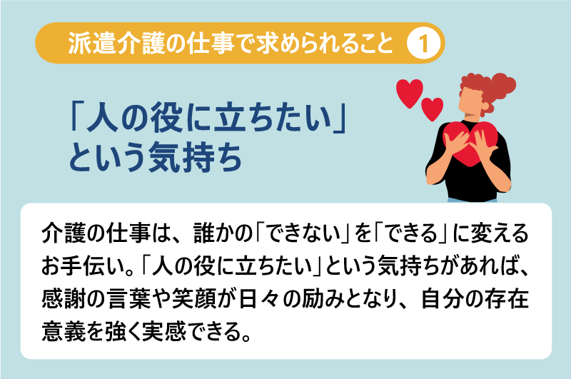派遣介護の仕事で求められること❶「人の役に立ちたい」という気持ち｜介護の仕事は、誰かの「できない」を「できる」に変えるお手伝い。「人の役に立ちたい」という気持ちがあれば、感謝の言葉や笑顔が日々の励みとなり、自分の存在意義を強く実感できる。