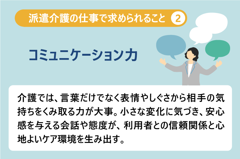 派遣介護の仕事で求められること❷コミュニケーション力｜介護では、言葉だけでなく表情やしぐさから相手の気持ちをくみ取る力が大事。小さな変化に気づき、安心感を与える会話や態度が、利用者との信頼関係と心地よいケア環境を生み出す。