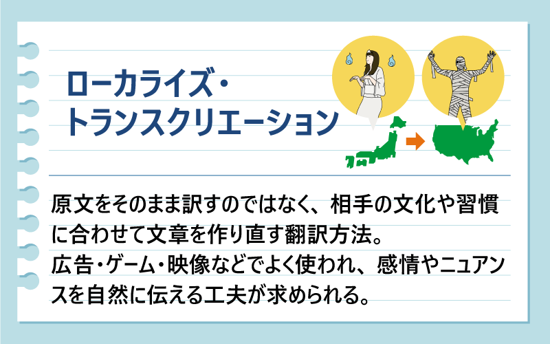 ローカライズ・トランスクリエーション｜原文をそのまま訳すのではなく、相手の文化や習慣に合わせて文章を作り直す翻訳方法。｜広告・ゲーム・映像などでよく使われ、感情やニュアンスを自然に伝える工夫が求められる。