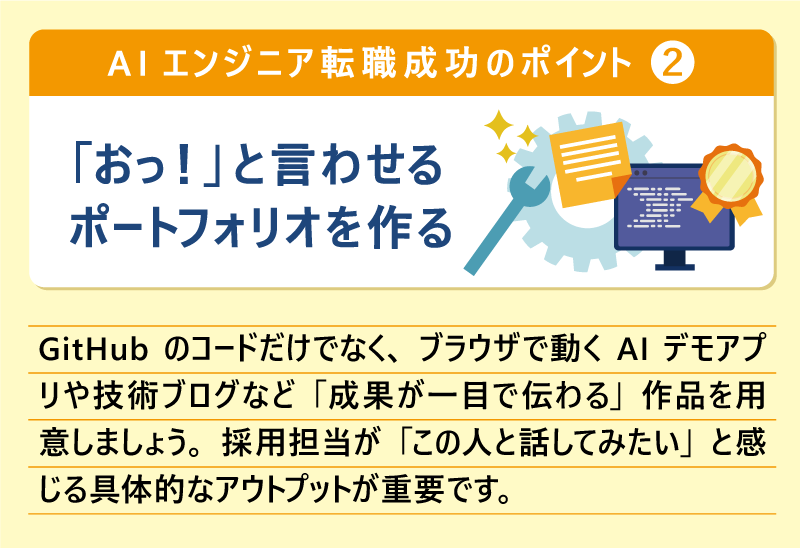 AIエンジニア転職成功のポイント#2 「おっ！」と言わせるポートフォリオを作る｜GitHubのコードだけでなく、ブラウザで動くAIデモアプリや技術ブログなど「成果が一目で伝わる」作品を用意しましょう。採用担当が「この人と話してみたい」と感じる具体的なアウトプットが重要です。