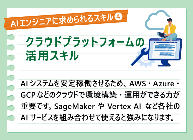AIエンジニアに求められるスキル④クラウドプラットフォームの活用スキル｜AIシステムを安定稼働させるため、AWS・Azure・GCPなどのクラウドで環境構築・運用ができる力が重要です。SageMakerやVertex AIなど各社のAIサービスを組み合わせて使えると強みになります。