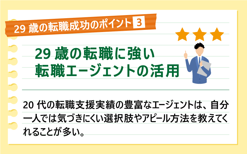 29歳の転職成功のポイント❹29歳の転職に強い転職エージェントの活用|20代の転職支援実績の豊富なエージェントは、自分一人では気づきにくい選択肢やアピール方法を教えてくれることが多い。