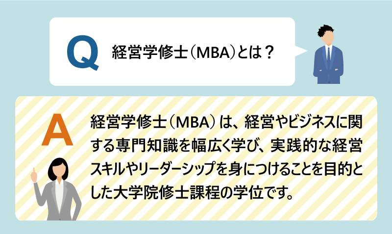 Q:経営学修士(MBA)とは? A:経営学修士(MBA)は、経営やビジネスに関する専門知識を幅広く学び、実践的な経営スキルやリーダーシップを身につけることを目的とした大学院修士課程の学位です。