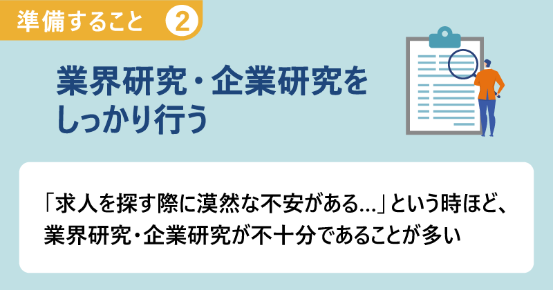 準備すること２●業界研究・企業研究をしっかり行う｜「求人を探す際に漠然な不安がある…」という時ほど、業界研究・企業研究が不十分であることが多い