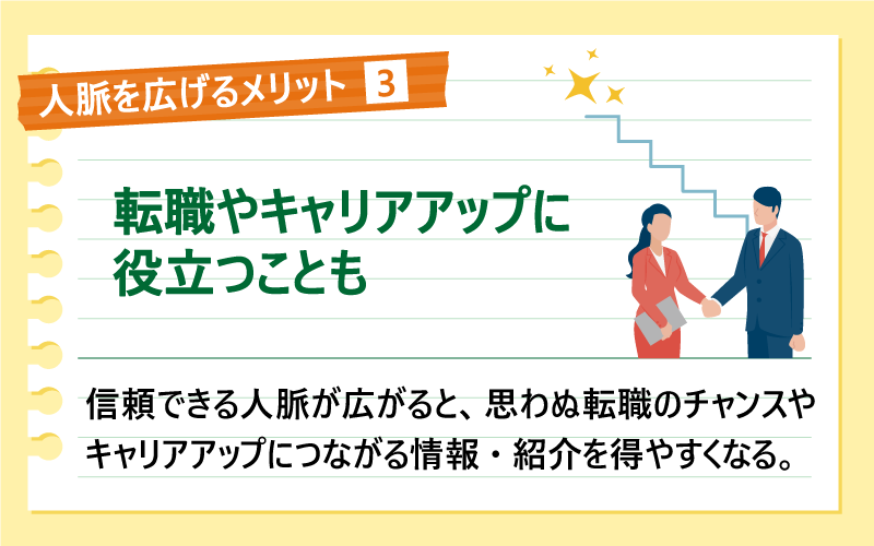 人脈を広げるメリット(3)転職やキャリアアップに役立つことも|信頼できる人脈が広がると、思わぬ転職のチャンスやキャリアアップにつながる情報・紹介を得やすくなる。