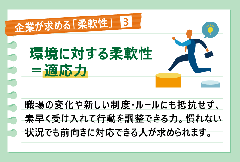 企業が求める「柔軟性」❸環境に対する柔軟性=適応力|職場の変化や新しい制度・ルールにも抵抗せず、素早く受け入れて行動を調整できる力。慣れない状況でも前向きに対応できる人が求められます。