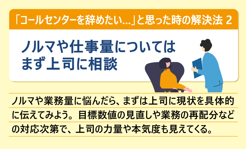 「コールセンターを辞めたい…」と思った時の解決法②ノルマや仕事量についてはまず上司に相談|ノルマや業務量に悩んだら、まずは上司に現状を具体的に伝えてみよう。目標数値の見直しや業務の再配分などの対応次第で、上司の力量や本気度も見えてくる。