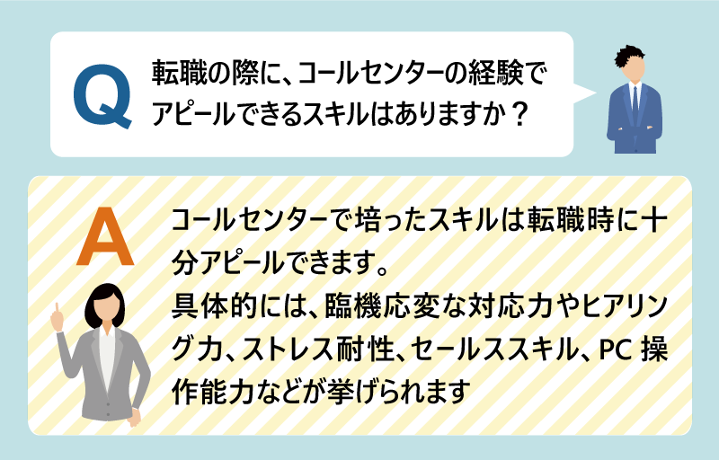 Q:転職の際に、コールセンターの経験でアピールできるスキルはありますか? A:コールセンターで培ったスキルは転職時に十分アピールできます。具体的には、臨機応変な対応力やヒアリング力、ストレス耐性、セールススキル、PC操作能力などが挙げられます。