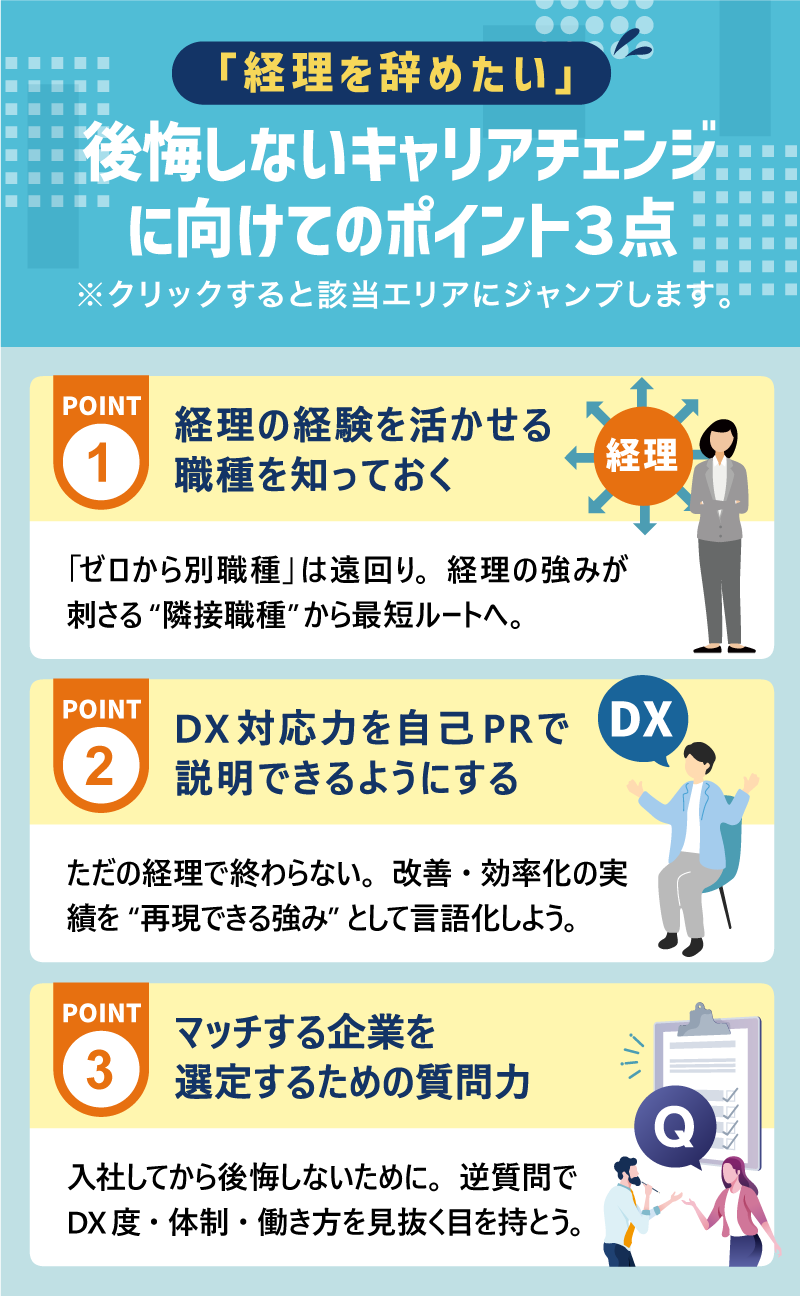 「経理を辞めたい」後悔しないキャリアチェンジに向けてのきポイント３点※クリックすると該当エリアにジャンプします。