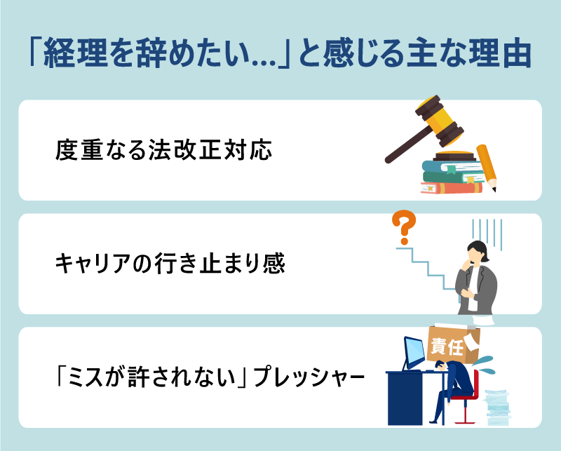「経理を辞めたい…。」と感じる主な理由｜・度重なる法改正対応｜・キャリアの行き止まり感｜・ 「ミスが許されない」プレッシャー
