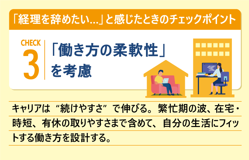 「経理を辞めたい…。」と感じたときのチェックポイント③｜「働き方の柔軟性」を考慮｜キャリアは“続けやすさ”で伸びる。繁忙期の波、在宅・時短、有休の取りやすさまで含めて、自分の生活にフィットする働き方を設計する。