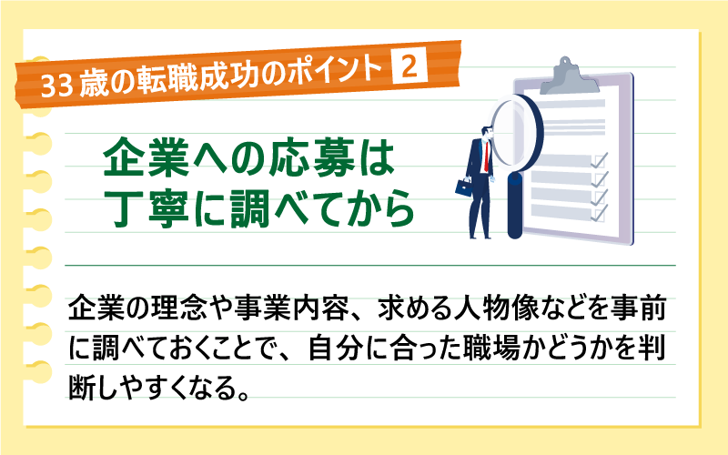 33歳の転職成功のポイント❷企業への応募は丁寧に調べてから|企業の理念や事業内容、求める人物像などを事前に調べておくことで、自分に合った職場かどうかを判断しやすくなる。