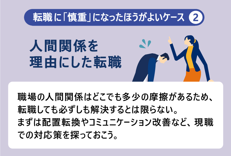転職に慎重になった方がよいケース❷人間関係を理由にした転職|職場の人間関係はどこでも多少の摩擦があるため、転職しても必ずしも解決するとは限らない。まずは配置転換やコミュニケーション改善など、現職での対応策を探っておこう。