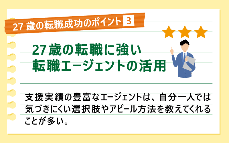 27歳の転職成功のポイント❸27歳の転職に強い転職エージェントの活用|支援実績の豊富なエージェントは、自分一人では気づきにくい選択肢やアピール方法を教えてくれることが多い。