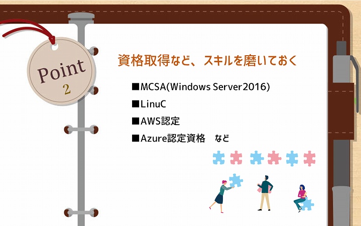 POINT2　資格取得など、スキルを磨いておく　■MCSA(Windows Server2016)　■LinuC　■AWS認定　■Azure認定資格　など