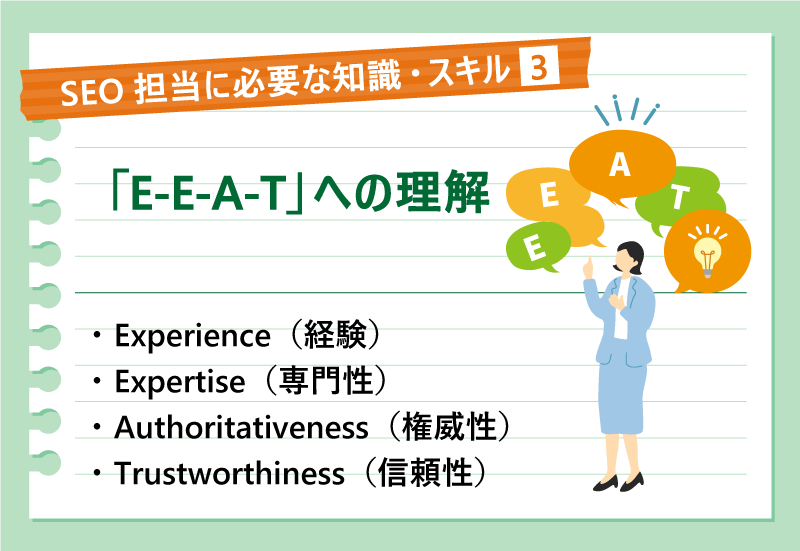 SEO担当に必要な知識・スキル❸|「E-E-A-T」への理解|Experience(経験)|Expertise(専門性)|Authoritativeness(権威性)|Trustworthiness(信頼性)