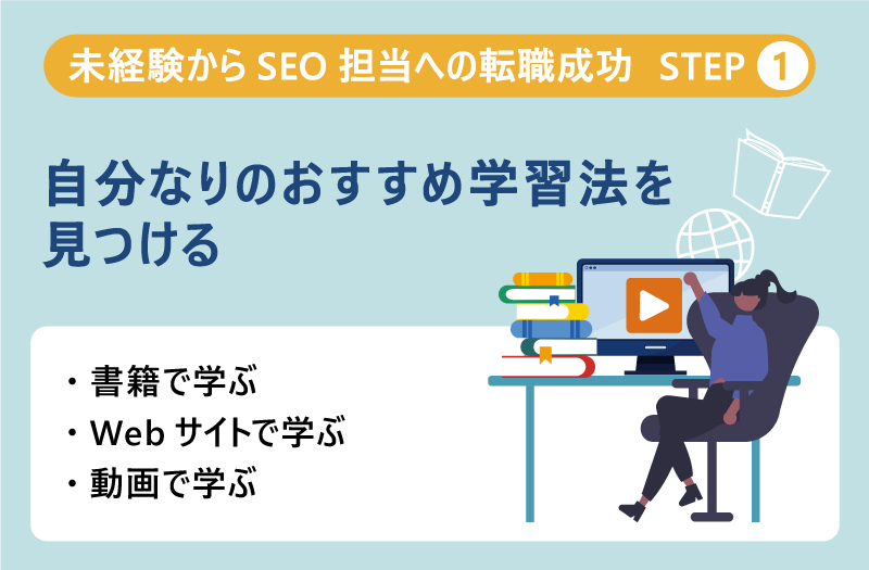 未経験からSEO担当への転職成功 Step1|自分なりのおすすめ学習法を見つける|書籍で学ぶ|Webサイトで学ぶ|動画で学ぶ