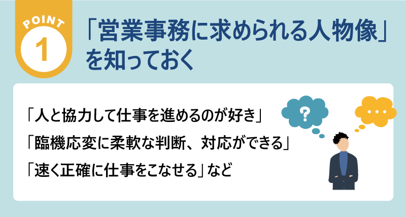 ポイント1：「営業事務に求められる人物像」を知っておく｜例）「人と協力して仕事を進めるのが好き」「臨機応変に柔軟な判断、対応ができる」「速く正確に仕事をこなせる」など