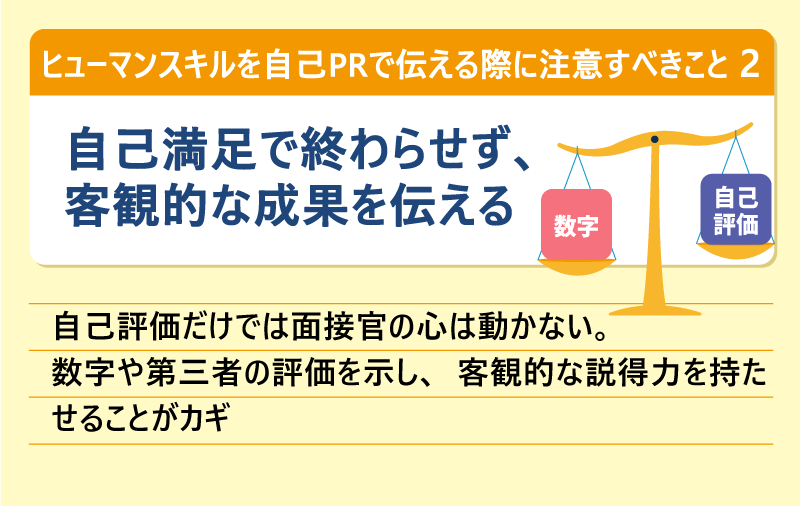 ヒューマンスキルを自己PRで伝える際に注意すべきこと②自己満足で終わらせず、客観的な成果を伝える|自己評価だけでは面接官の心は動かない。数字や第三者の評価を示し、客観的な説得力を持たせることがカギ