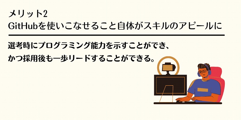 メリット2 GitHubを使いこなせること自体がスキルのアピールに:選考時にプログラミング能力を示すことができ、かつ採用後も一歩リードすることができる。