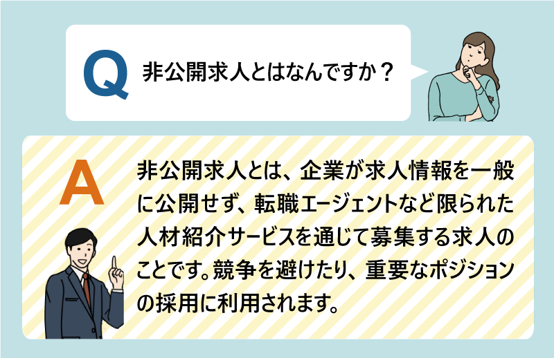 Q:非公開求人とはなんですか?|A:非公開求人とは、企業が求人情報を一般に公開せず、転職エージェントなど限られた人材紹介サービスを通じて募集する求人のことです。競争を避けたり、重要なポジションの採用に利用されます。