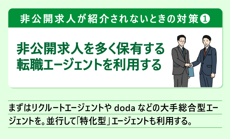 非公開求人が紹介されないときの対策❶非公開求人を多く保有する転職エージェントを利用する|まずはリクルートエージェントやdodaの大手総合型エージェントを。並行して「特化型」エージェントも利用する。