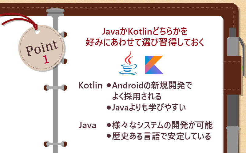 JavaかKotlinどちらかを好みにあわせて選び習得しておく
