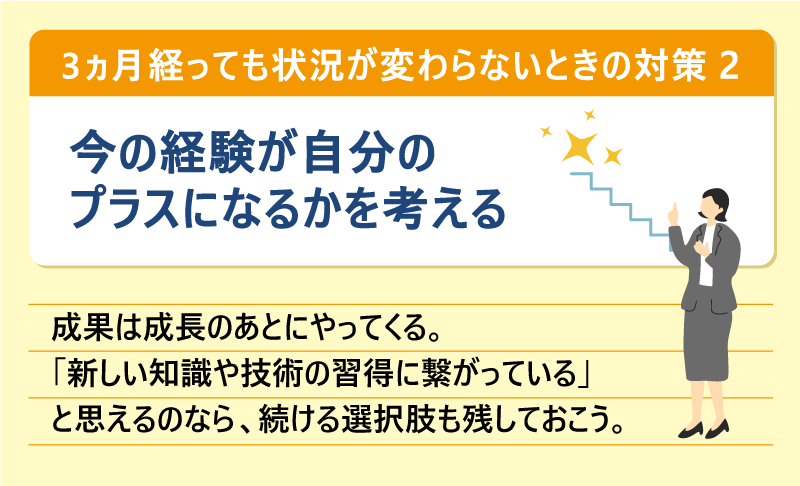 3ヵ月経っても状況が変わらないときの対策②今の経験が自分のプラスになるかを考える|成果は成長のあとにやってくる。「新しい知識や技術の習得に繋がっている」と思えるのなら、続ける選択肢も残しておこう。