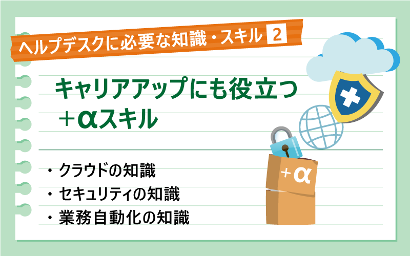 ヘルプデスクに必要な知識・スキル❷|キャリアアップにも役立つ+αスキル|クラウドの知識|セキュリティの知識|業務自動化の知識