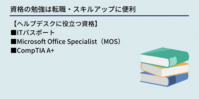 資格の勉強は転職・スキルアップに便利：【ヘルプデスクに役立つ資格】　■ITパスポート　■Microsoft Office Specialist（MOS）　■CompTIA A+