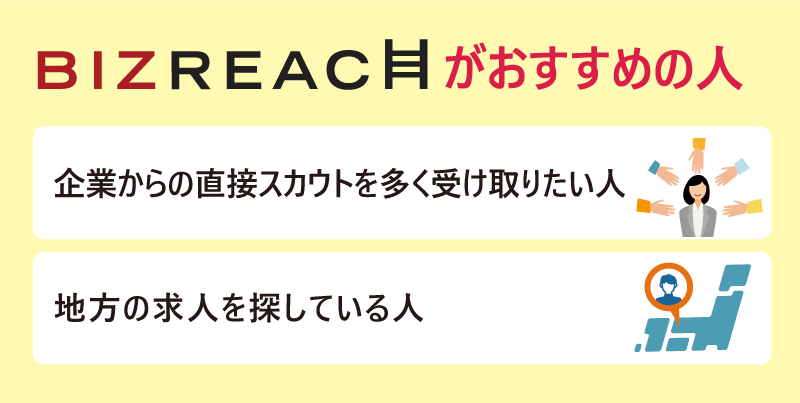 ビズリーチがおすすめの人:・企業からの直接スカウトを多く受け取りたい人 ・地方の求人を探している人
