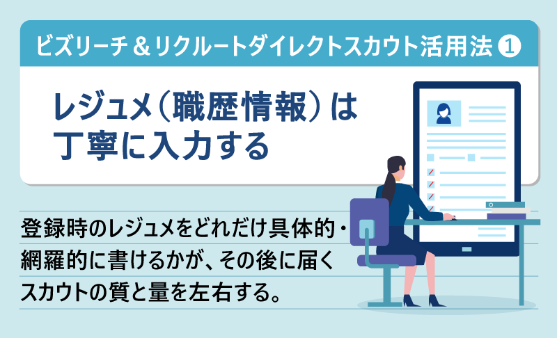 ビズリーチ＆リクルートダイレクトスカウト活用法❶｜レジュメ（職歴情報）は丁寧に入力する｜登録時のレジュメをどれだけ具体的・網羅的に書けるかが、その後に届くスカウトの質と量を左右する。