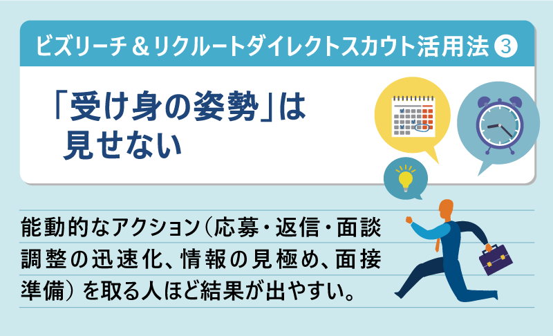 ビズリーチ＆リクルートダイレクトスカウト活用法❸「受け身の姿勢」は見せない｜能動的なアクション（応募・返信・面談調整の迅速化、情報の見極め、面接準備）を取る人ほど結果が出やすい。