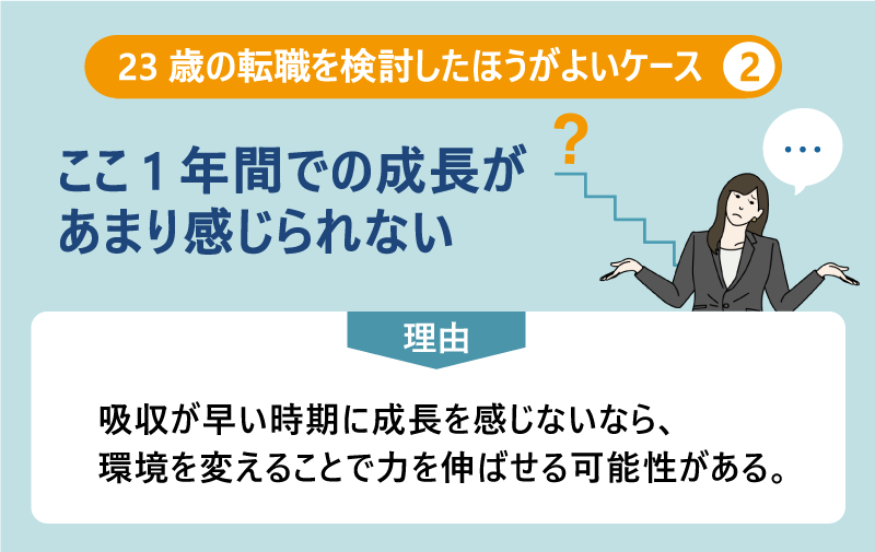 23歳の転職を検討したほうがよいケース❷ここ1年間での成長があまり感じられない|理由:吸収が早い時期に成長を感じないなら、環境を変えることで力を伸ばせる可能性がある。