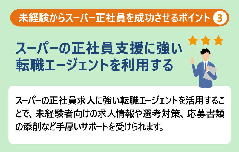 未経験からスーパー正社員を成功するポイント❸スーパーの正社員支援に強い転職エージェントを利用する|スーパーの正社員求人に強い転職エージェントを活用することで、未経験者向けの求人情報や選考対策、応募書類の添削など手厚いサポートを受けられます。