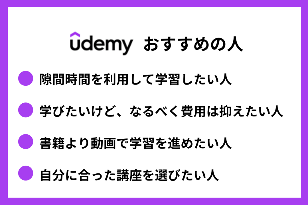 Udemyおすすめの人　●隙間時間を利用して学習したい人　●学びたいけど、なるべく費用は抑えたい人　●書籍より動画で学習を進めたい人　●自分に合った講座を選びたい人