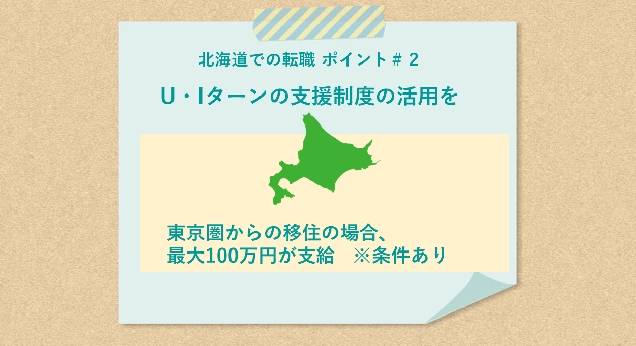 北海道での転職 ポイント＃２　U・Iターンの支援制度の活用を　東京圏からの移住の場合、最大100万円が支給　※条件あり