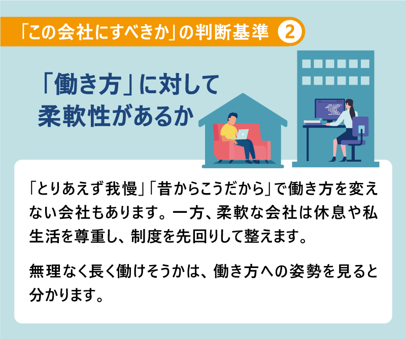 「この会社にすべきか」の判断基準❷「働き方」に対して柔軟性があるか｜「とりあえず我慢」「昔からこうだから」で働き方を変えない会社もあります。一方、柔軟な会社は休息や私生活を尊重し、制度を先回りして整えます。無理なく長く働けそうかは、働き方への姿勢を見ると分かります。