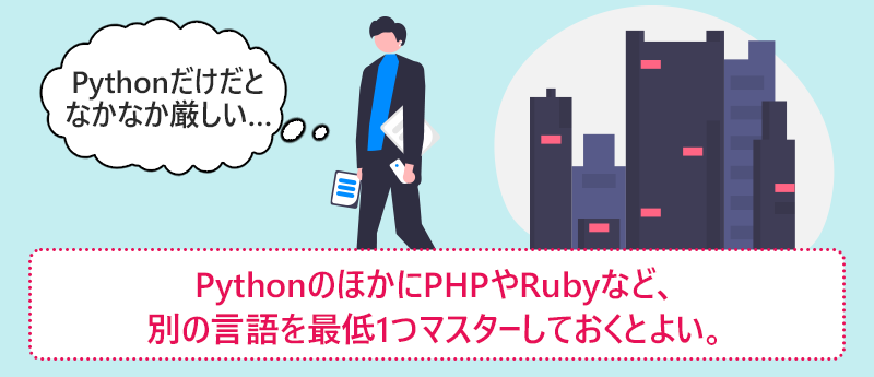 PythonのほかにPHPやRubyなど、別の言語を最低1つマスターしておくとよい。