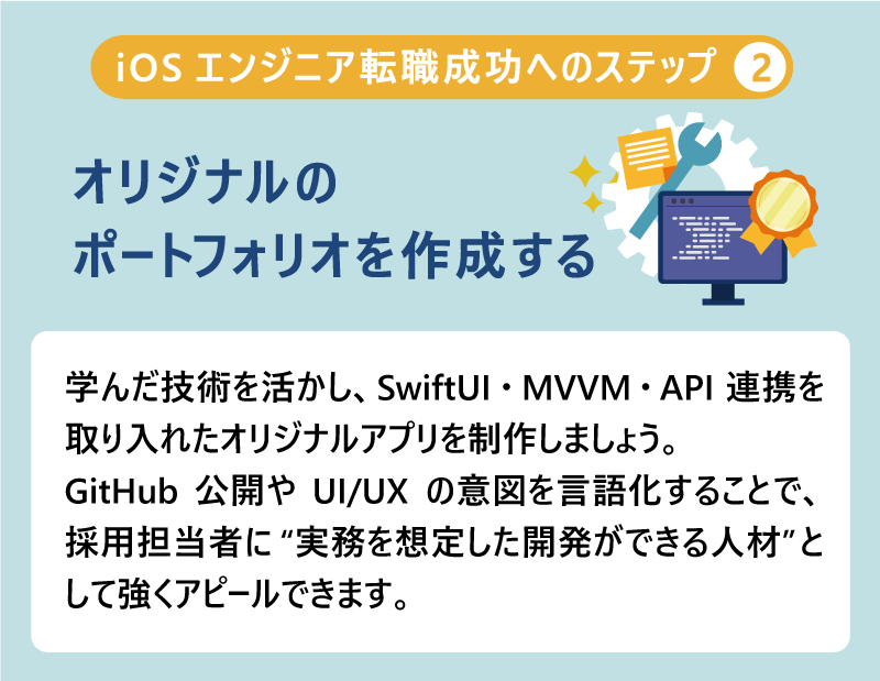 iOSエンジニア Step2｜オリジナルのポートフォリオを作成する｜ChatGPT:学んだ技術を活かし、SwiftUI・MVVM・API連携を取り入れたオリジナルアプリを制作しましょう。GitHub公開やUI/UXの意図を言語化することで、採用担当者に“実務を想定した開発ができる人材”として強くアピールできます。