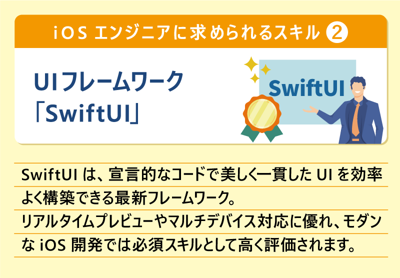 iOSエンジニアに求められるスキル②UIフレームワーク「SwiftUI」SwiftUIは、宣言的なコードで美しく一貫したUIを効率よく構築できる最新フレームワーク。リアルタイムプレビューやマルチデバイス対応に優れ、モダンなiOS開発では必須スキルとして高く評価されます。
