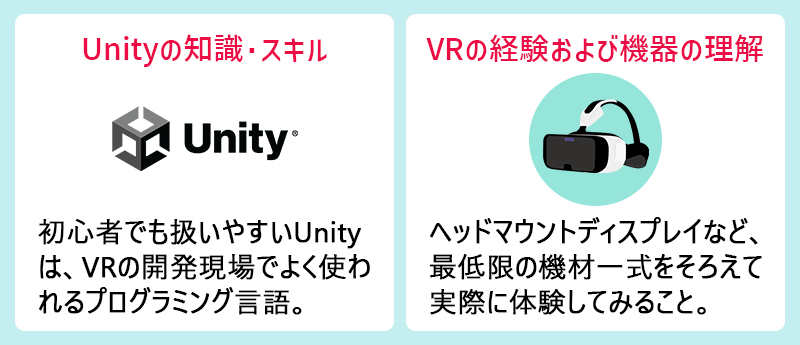 Unityの知識・スキル：初心者でも扱いやすいUnityは、VRの開発現場でよく使われるプログラミング言語。　VRの経験および機器の理解：ヘッドマウントディスプレイなど、最低限の機材一式をそろえて実際に体験してみること。