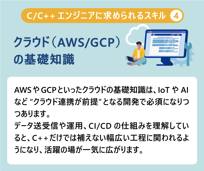C/C++エンジニアに求められるスキル④クラウド(AWS/GCP)の基礎知識|AWSやGCPといったクラウドの基礎知識は、IoTやAIなど“クラウド連携が前提”となる開発で必須になりつつあります。データ送受信や運用、CI/CDの仕組みを理解していると、C++だけでは補えない幅広い工程に関われるようになり、活躍の場が一気に広がります。