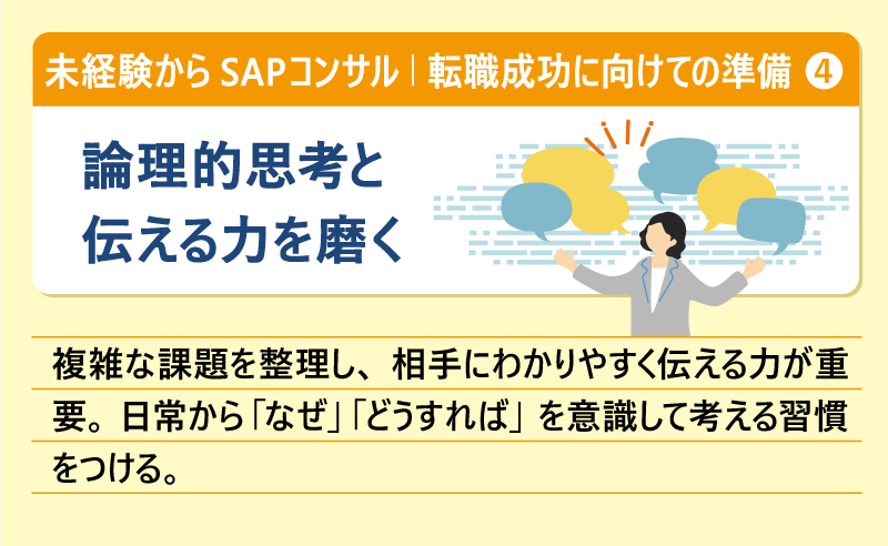 未経験からSAPコンサル｜転職成功に向けての準備＃４ 論理的思考と伝える力を磨く｜複雑な課題を整理し、相手にわかりやすく伝える力が重要。日常から「なぜ」「どうすれば」を意識して考える習慣をつける。