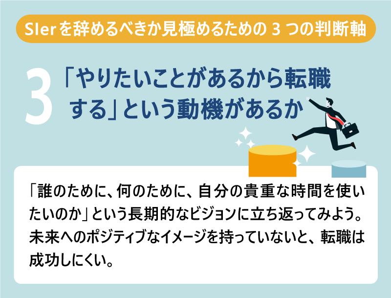 SIerを辞めるべきか見極めるための3つの判断軸|❸「やりたいことがあるから転職する」という動機があるか|「誰のために、何のために、自分の貴重な時間を使いたいのか」という長期的なビジョンに立ち返ってみよう。|未来へのポジティブなイメージを持っていないと、転職は成功しにくい。